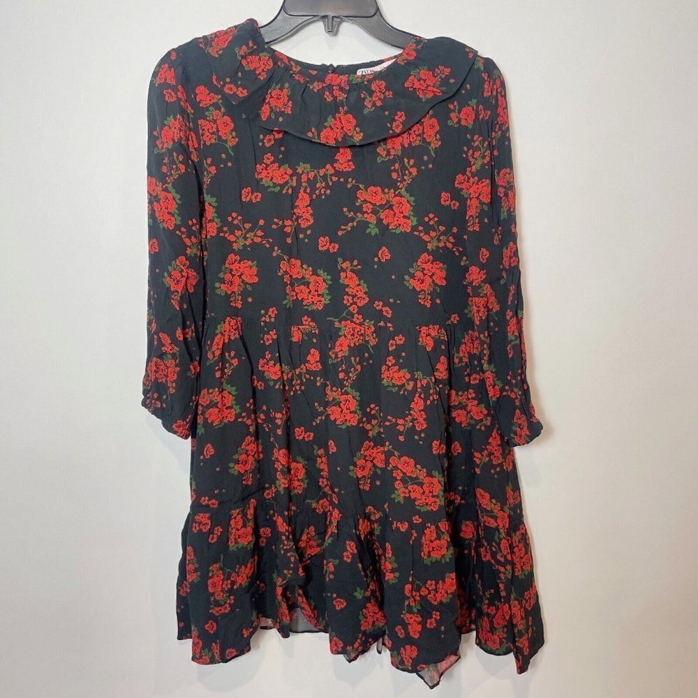 Zara A-Line Mini Dress Black Red S 3/4 Sleeve Floral Printed Back‎ Zip Viscose